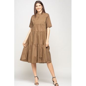 Rochie din poplin satinat cu volane, camel