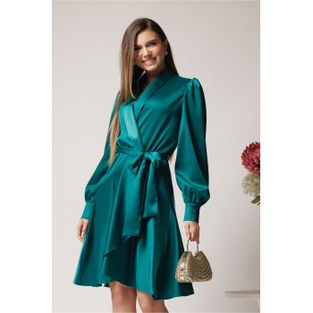 Rochie DY Fashion eleganta din satin verde cu croi petrecut si cordon in talie
