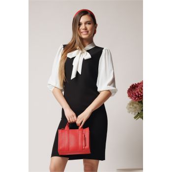 Rochie DY Fashion office din stofa neagra cu maneci si guler din voal albe