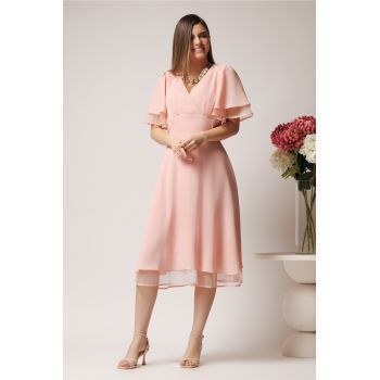 Rochie eleganta din voal crep cu volane din tull la maneci