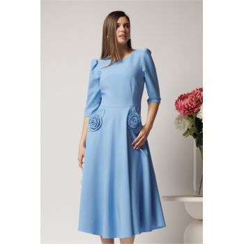 Rochie LaDonna office din stofa bleu cu flori maxi pe buzunare