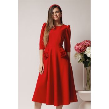 Rochie LaDonna office din stofa rosie cu flori maxi pe buzunare