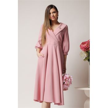 Rochie LaDonna office din stofa roz cu bust petrecut si rever