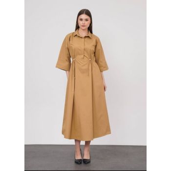 Rochie lunga tip camasa din poplin satinat de bumbac, camel