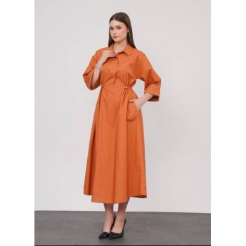 Rochie lunga tip camasa din poplin satinat de bumbac, caramizie ieftina