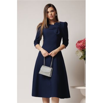 Rochie office din stofa bleumarin cu funda la bust