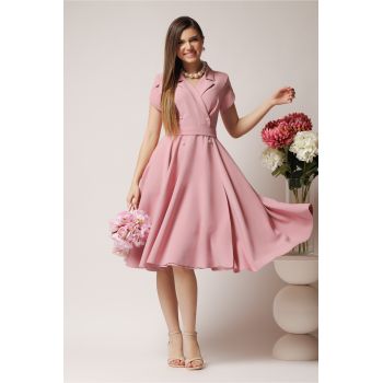 Rochie office din stofa roz cu nasturi si cordon decorativ in talie