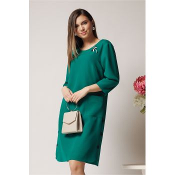 Rochie office din stofa verde cu buzunare si nasturi decorativi