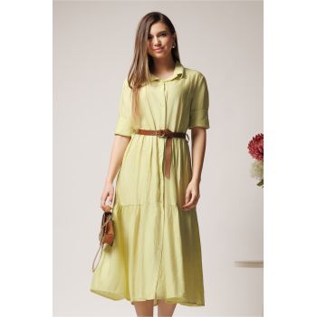 Rochie smart-casual din viscoza galbena tip camasa cu nasturi si curea