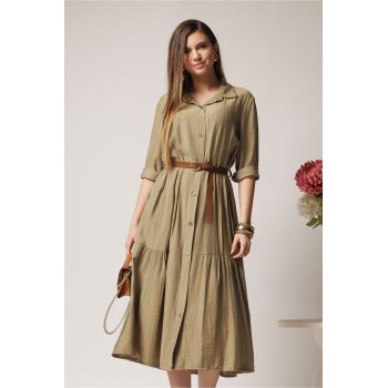 Rochie smart-casual din viscoza kaki tip camasa cu nasturi si curea ieftina la reducere