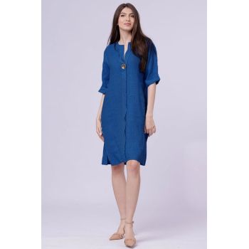 Rochie tunica din in albastru electric, cu nasture metalic decorativ