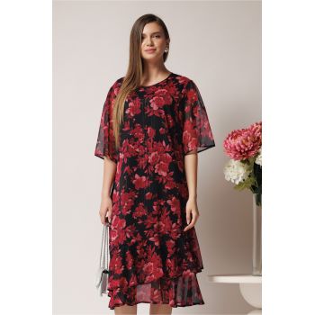 Rochie vaporoasa din voal neagra cu flori fucsia si insertii din fir lurex