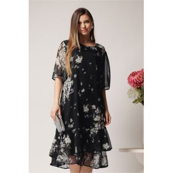 Rochie vaporoasa din voal neagra cu imprimeu floral si insertii din fir lurex
