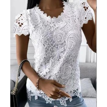 Bluza alba cu broderie, de dama, maneca scurta, model 70