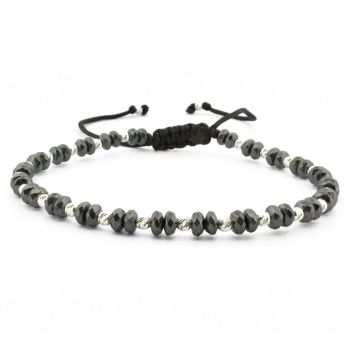 Bratara Argint cu snur, Hematit Discuri Fatetate Gri si Bilute Striate 2.5 mm, Unisex