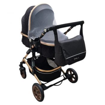 Carucior pentru copii Baby Care PRO 531 Negru 2 in 1 Cu geanta bebe, Cadru Aluminiu Gold , Amortizoare, Roti din cauciuc plin, Spatar reglabil 3 trepte, Plasa insecte
