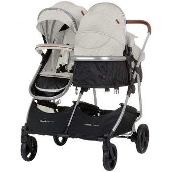 Carucior pentru copii gemeni Chipolino Duo Smart biscotta 2 in 1, pliere simpla si compacta, sezut transformabil si reversibil, spatar reglabil, bara de protectie detasabila, copertina reglabila, husa pentru picioare
