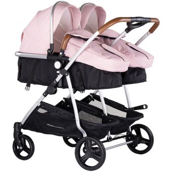 Carucior pentru copii gemeni Chipolino Duo Smart  pink marshmallow 2 in 1, pliere simpla si compacta, sezut transformabil si reversibil, spatar reglabil, bara de protectie detasabila, copertina reglabila, husa pentru picioare