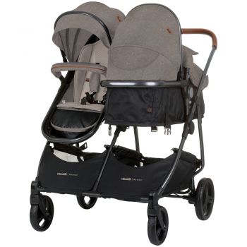 Carucior pentru copii gemeni Chipolino Duo Smart tiramisu 2 in 1, pliere simpla si compacta, sezut transformabil si reversibil, spatar reglabil, bara de protectie detasabila, copertina reglabila, husa pentru picioare