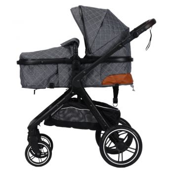 Carucior pentru copii Novokids X1000 series Gri 2 in 1 reversibil, cu geanta bebe, cadru aluminiu, amortizoare, roti din cauciuc, landou, spatar reglabil, plasa insecte