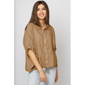 Hanorac camel din in cu fermoar metalic si gluga
