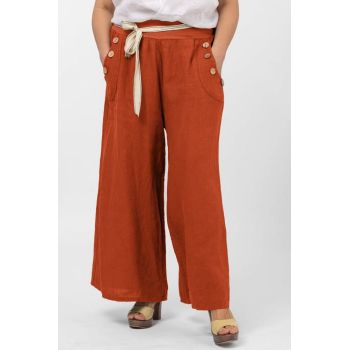 Pantaloni largi de vara, din in, cu nasturi din lemn la buzunare, caramiziu
