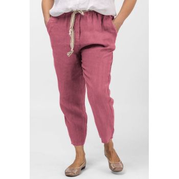 Pantaloni roz inchis din in, pana, cu snur alb Pantaloni roz inchis din in, pana, cu snur alb