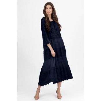 Rochie boho bleumarin, lunga cu volane, din matase naturala cu dantela