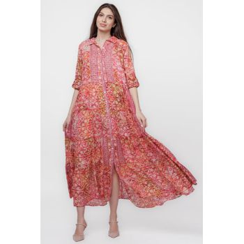 Rochie camasa, dublata, lunga, din batist de bumbac, cu imprimeu corai