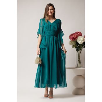 Rochie de ocazie din voal verde cu decolteu- Moze ieftina