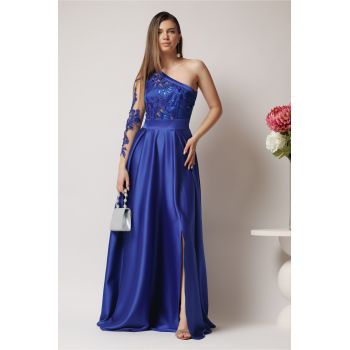 Rochie Ella Collection Alesia lunga eleganta din tafta albastra cu broderie la bust