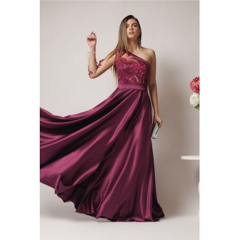 Rochie Ella Collection Alesia lunga eleganta din tafta mov cu broderie la bust