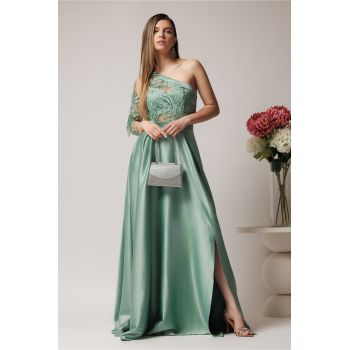 Rochie Ella Collection Alesia lunga eleganta din tafta verde mint cu broderie la bust