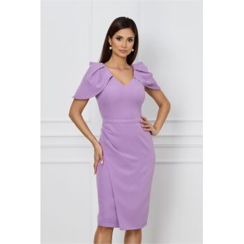 Rochie lila de ocazie cu maneci lalea si perle pe talie