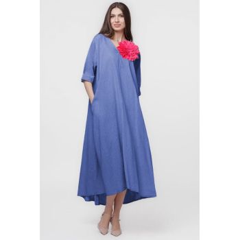 Rochie lunga A-line oversize, din in, albastru lavanda