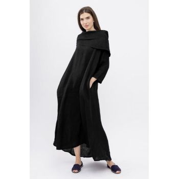 Rochie maxi,  A-line, din in, cu guler amplu, negru