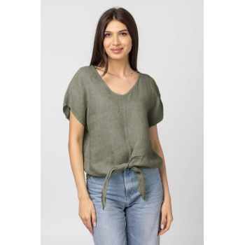 Bluza din in cu nod, decolteu in V si detaliu auriu pe spate, kaki deschis