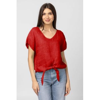 Bluza din in cu nod, decolteu in V si detaliu auriu pe spate, rosie