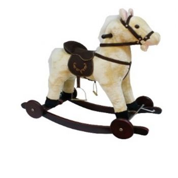 Calut balansoar pentru copii Novokids Rocking Horse Crem din plus, cu melodii, roti, platforma detasabila, functie trotineta fara pedale, dimensiuni 74x37x64 cm, greutate suportata 50 kg