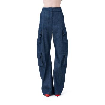 Costum albastru din denim cu sacou oversized si pantaloni cargo