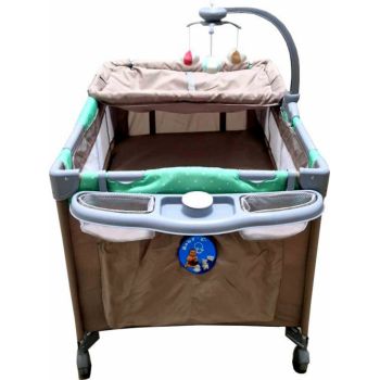 Patut copii Baby Care PRO FMAT Maro, Pliabil, 2 Niveluri de inaltime, Melodii, Masa infasat, Carusel cu jucarii din plus, Plasa insecte