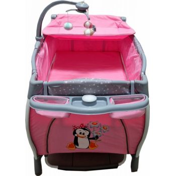 Patut pentru copii Baby Care PRO FRW Roz Pliabil, cu Balansoar, 2 Nivele de inaltime, Melodii, Masa infasat, Carusel cu jucarii din plus, Plasa insecte