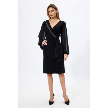 Rochie de ocazie din crepe cu maneci din voal si strass-uri Henrietta Neagra