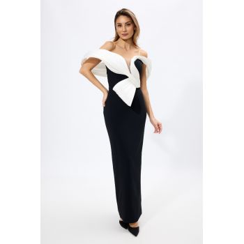 Rochie de ocazie premium accesorizata cu detalii 3D albe Stravaganza Neagra