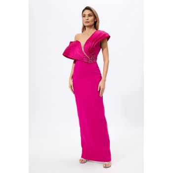 Rochie de ocazie premium accesorizata cu strass-uri si detalii 3D Glance Fucsia