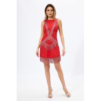 Rochie de ocazie premium cu franjuri si strass-uri Persida Rosie