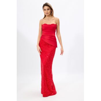 Rochie de ocazie premium fara bretele accesorizata cu paiete Khristal Rosie