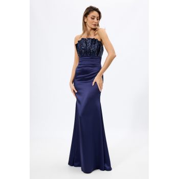 Rochie de ocazie premium tip sirena cu bust din paiete Far Away Bleumarin