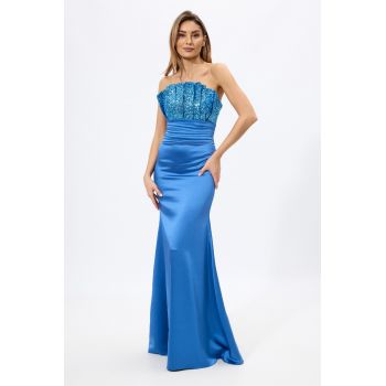 Rochie de ocazie premium tip sirena cu bust din paiete Far Away Indigo