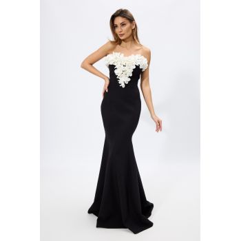 Rochie de ocazie premium tip sirena cu flori 3D la bust Midnight Neagra